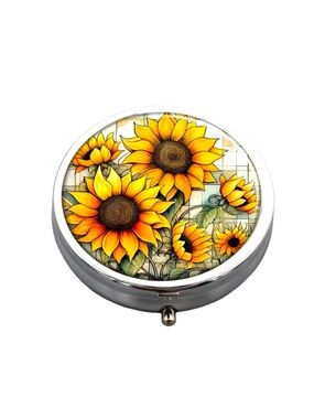 Sunflower Pill Box. 1.88” X .57”   3 Compartments.